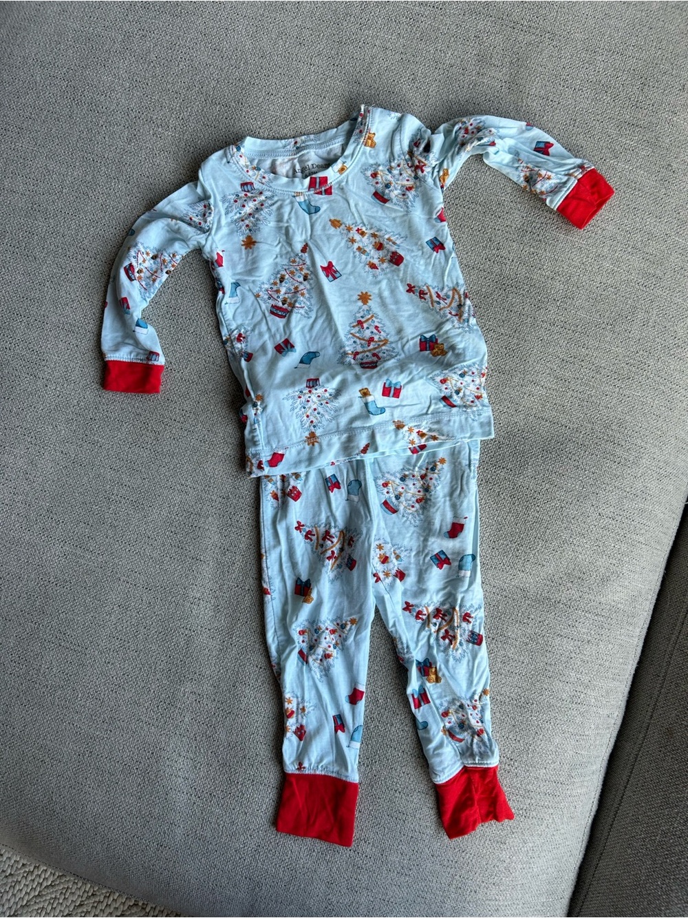 Kids Light Blue Holiday Tree Bsmboo Pajama Set with Red Cuffs Angel Dear